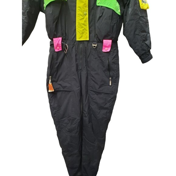 Vintage Tyrolia By Head Ladies Celtech Ski Suit Size 8 Black Pink Green Yellow N - Picture 10 of 16